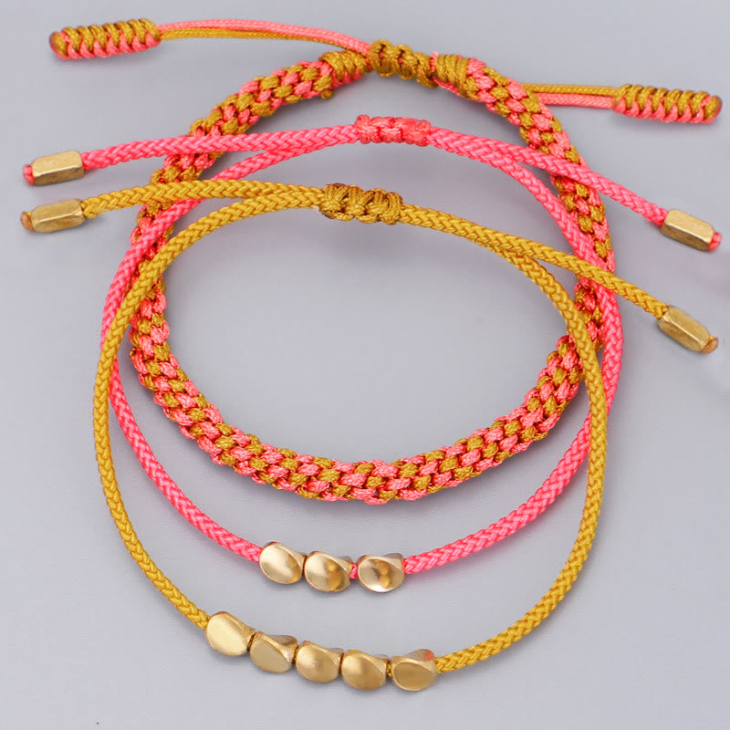 Healing and Wealth 3Pcs Pink Yellow String Golden Copper Beads Bracelet
