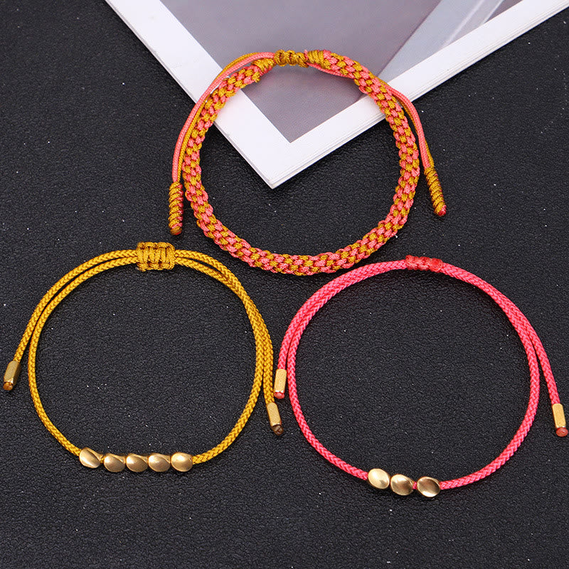 Healing and Wealth 3Pcs Pink Yellow String Golden Copper Beads Bracelet