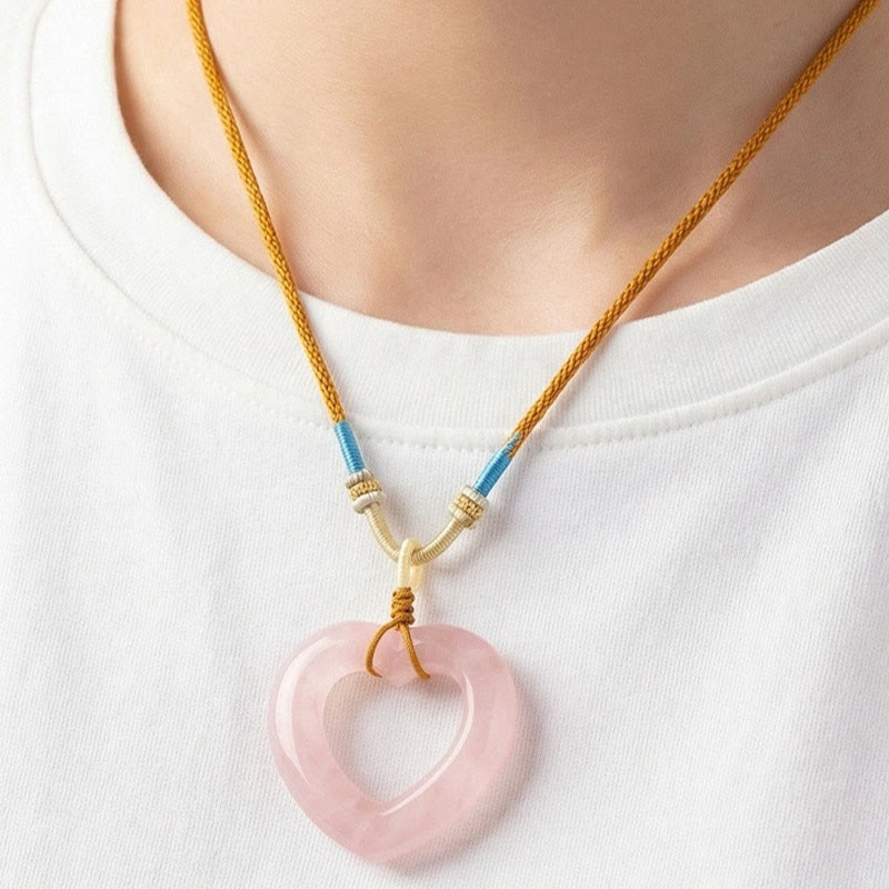 Nimara Ritual Natural Rose Quartz Hollow Love Heart Caring Necklace Pendant