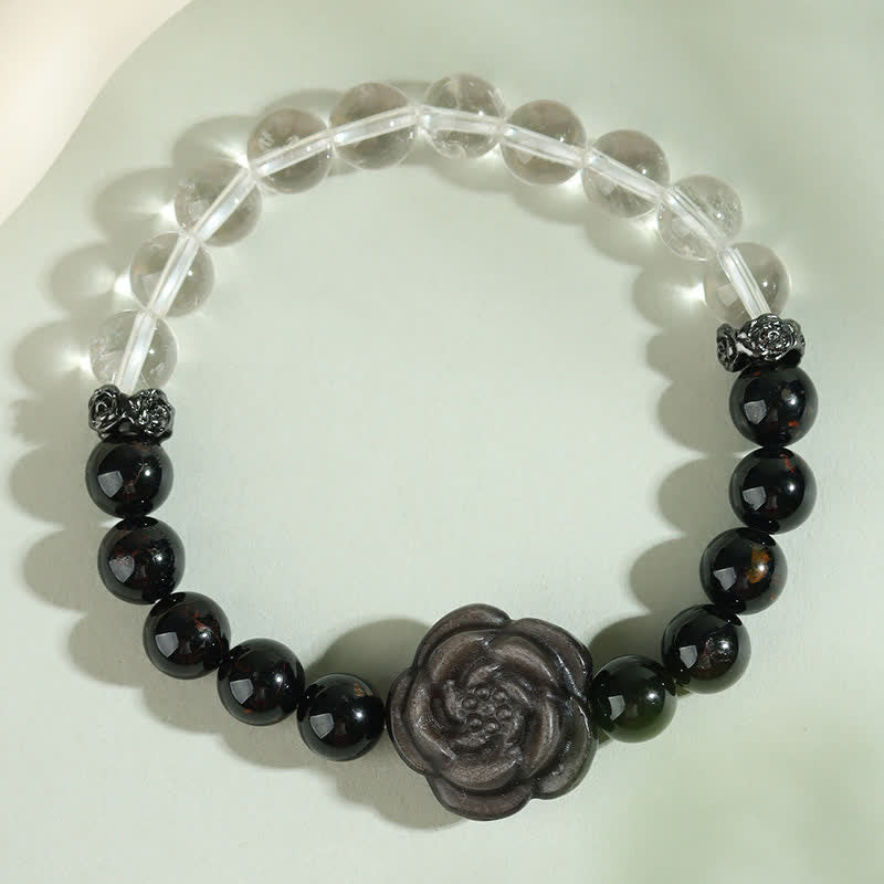 Nimara Ritual Black Tourmaline Clear Quartz Carved Rose Flower Design Focus Bracelet