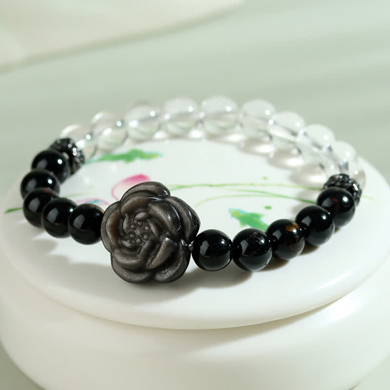 Nimara Ritual Black Tourmaline Clear Quartz Carved Rose Flower Design Focus Bracelet