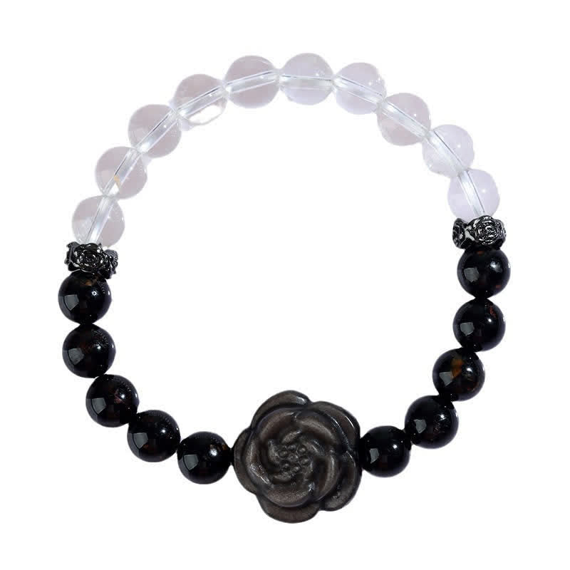 Nimara Ritual Black Tourmaline Clear Quartz Carved Rose Flower Design Focus Bracelet