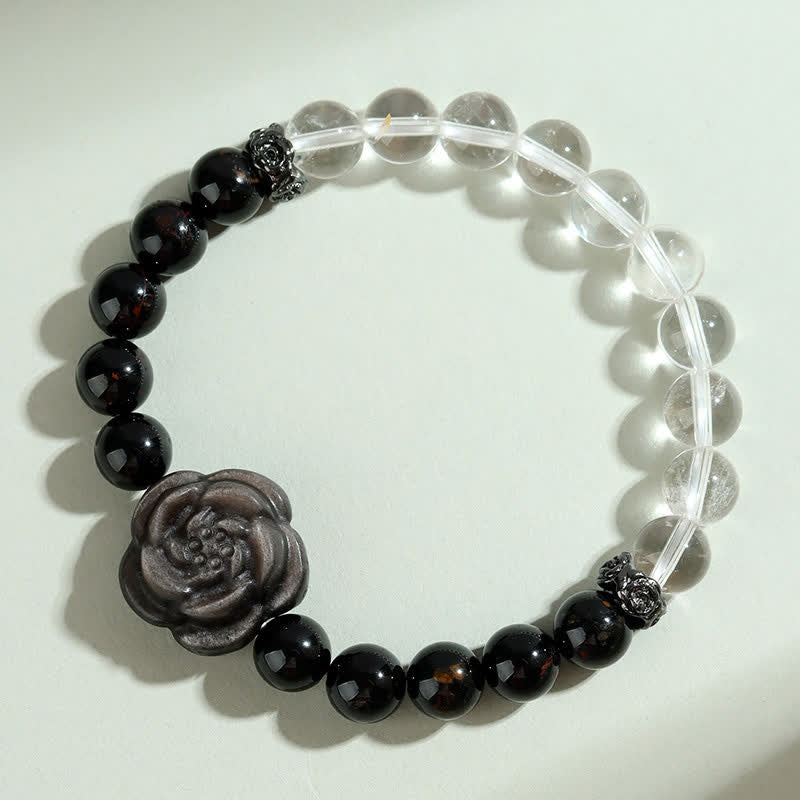 Nimara Ritual Black Tourmaline Clear Quartz Carved Rose Flower Design Focus Bracelet