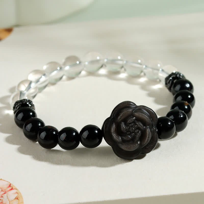 Nimara Ritual Black Tourmaline Clear Quartz Carved Rose Flower Design Focus Bracelet