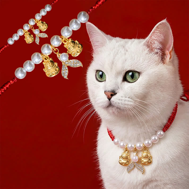 Nimara Ritual Red String Plaited Pearl Fish Tail Protection Adjustable Cats Pet Collar