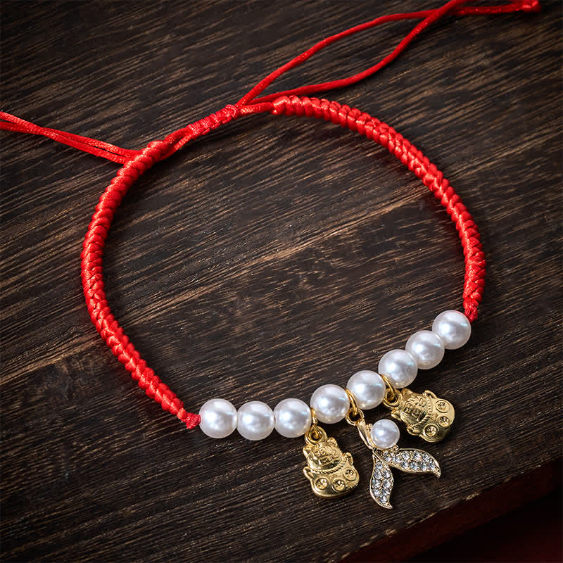 Nimara Ritual Red String Plaited Pearl Fish Tail Protection Adjustable Cats Pet Collar