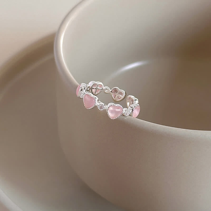 Nimara Ritual 925 Sterling Silver Pink Cat's Eye Heart Design Adjustable Love Ring