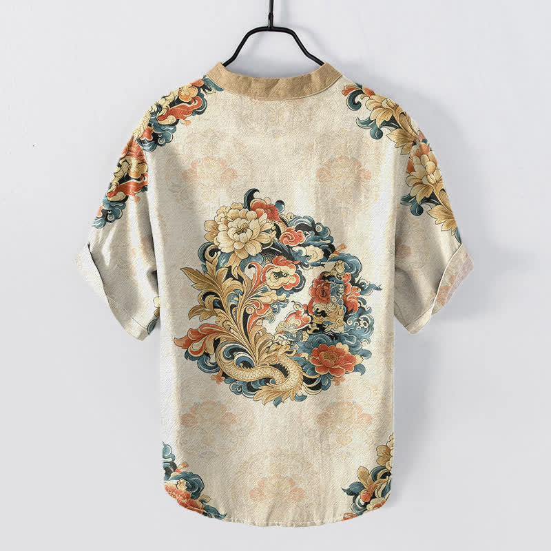Nimara Ritual Cotton Oriental Peony Phoenix Pattern Men's Short Sleeve Half Button Shirt