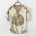 Nimara Ritual Cotton Oriental Peony Phoenix Pattern Men's Short Sleeve Half Button Shirt