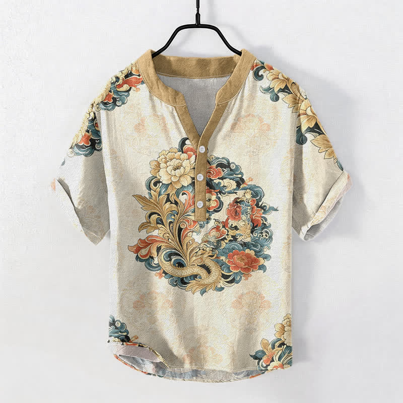 Nimara Ritual Cotton Oriental Peony Phoenix Pattern Men's Short Sleeve Half Button Shirt