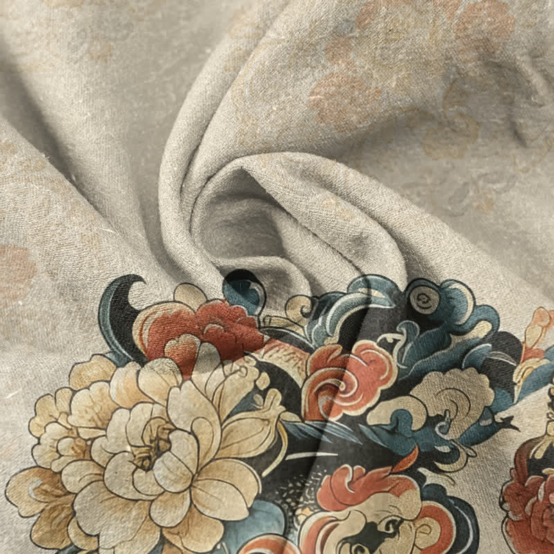 Nimara Ritual Cotton Oriental Peony Phoenix Pattern Men's Short Sleeve Half Button Shirt