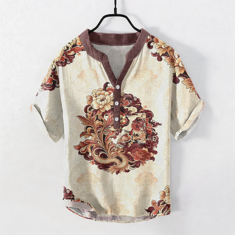 Nimara Ritual Cotton Oriental Peony Phoenix Pattern Men's Short Sleeve Half Button Shirt