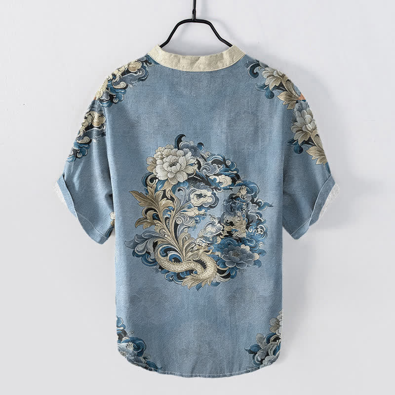 Nimara Ritual Cotton Oriental Peony Phoenix Pattern Men's Short Sleeve Half Button Shirt
