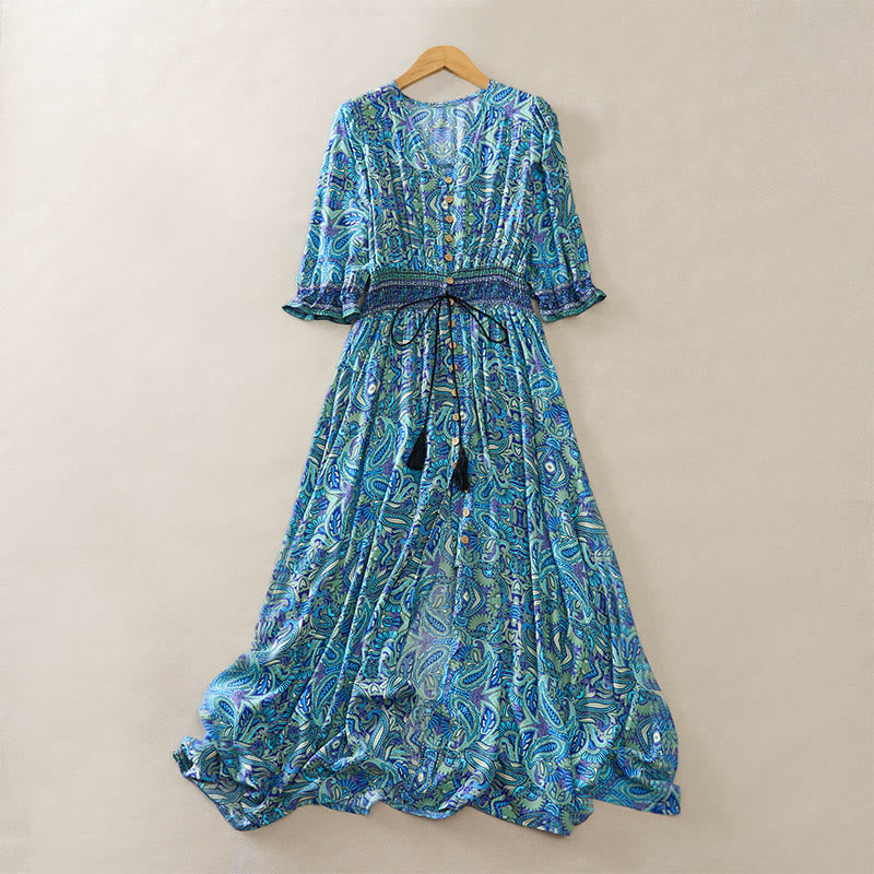 Nimara Ritual Summer Peacock Paisley Tie Waist Viscose Lantern Sleeves Maxi Dress