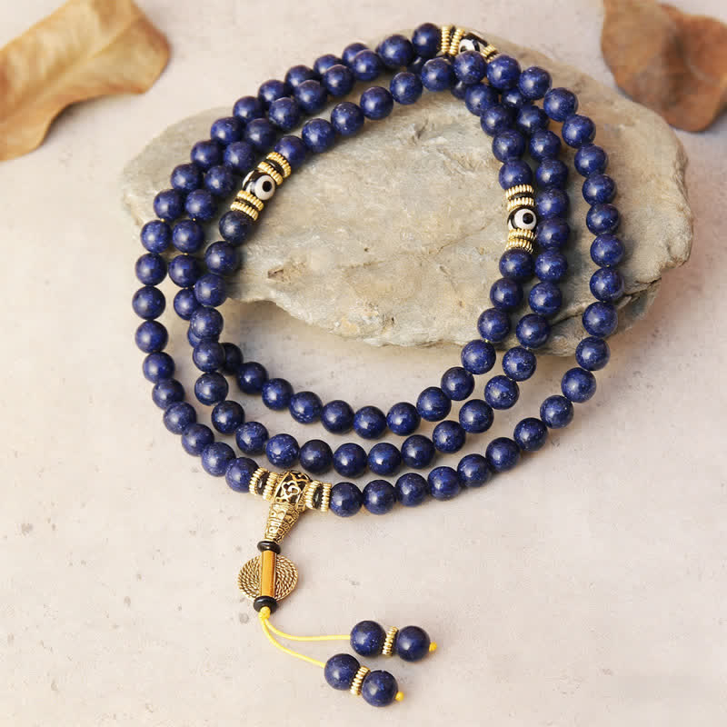 Nimara Ritual 108 Beads Lazurite Lapis Lazuli Three-eyed Dzi Bead Positive Mala