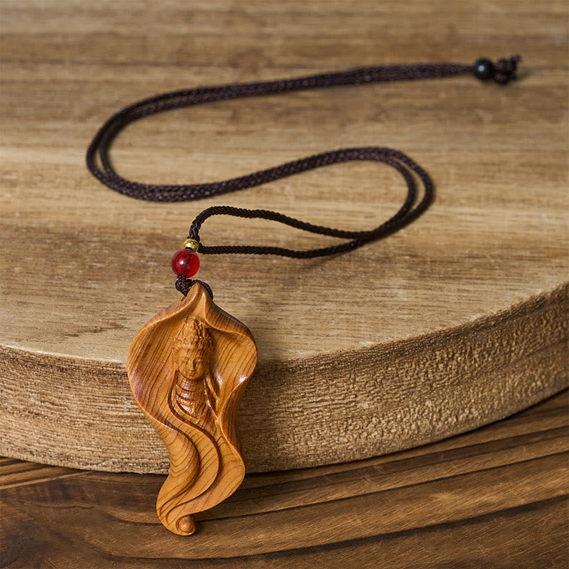 Nimara Ritual Guanyin Kwan Yin AvalokiteAvara Lotus Leaf Platycladus Orientalis Wood Wealth Necklace Pendant