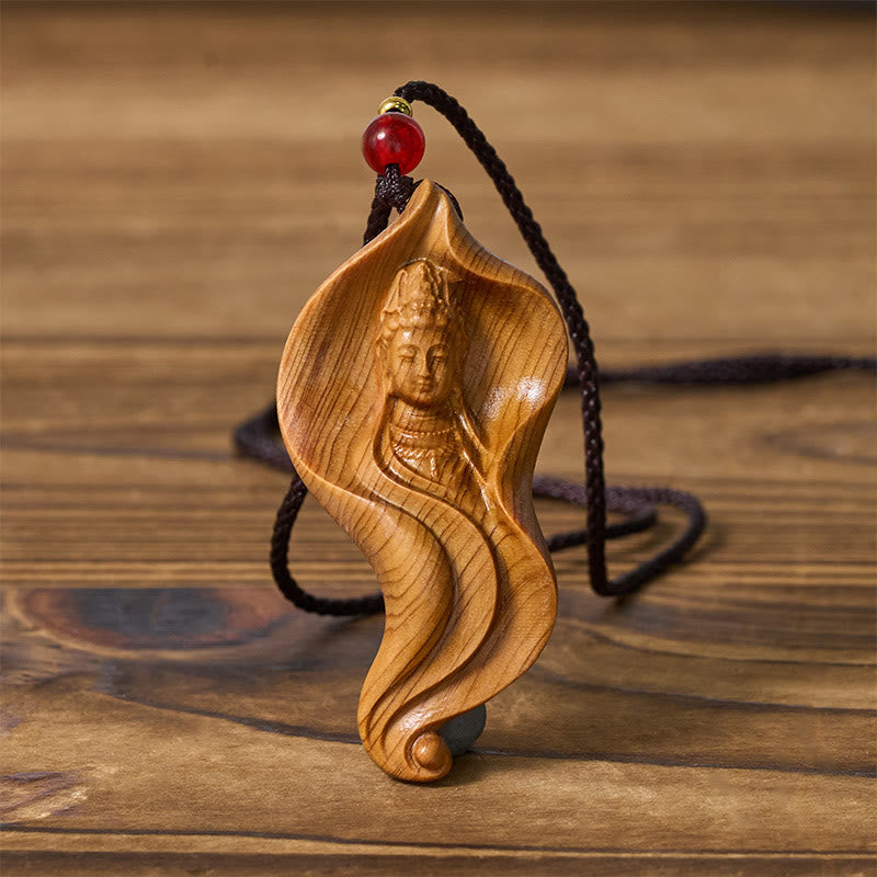 Nimara Ritual Guanyin Kwan Yin AvalokiteAvara Lotus Leaf Platycladus Orientalis Wood Wealth Necklace Pendant