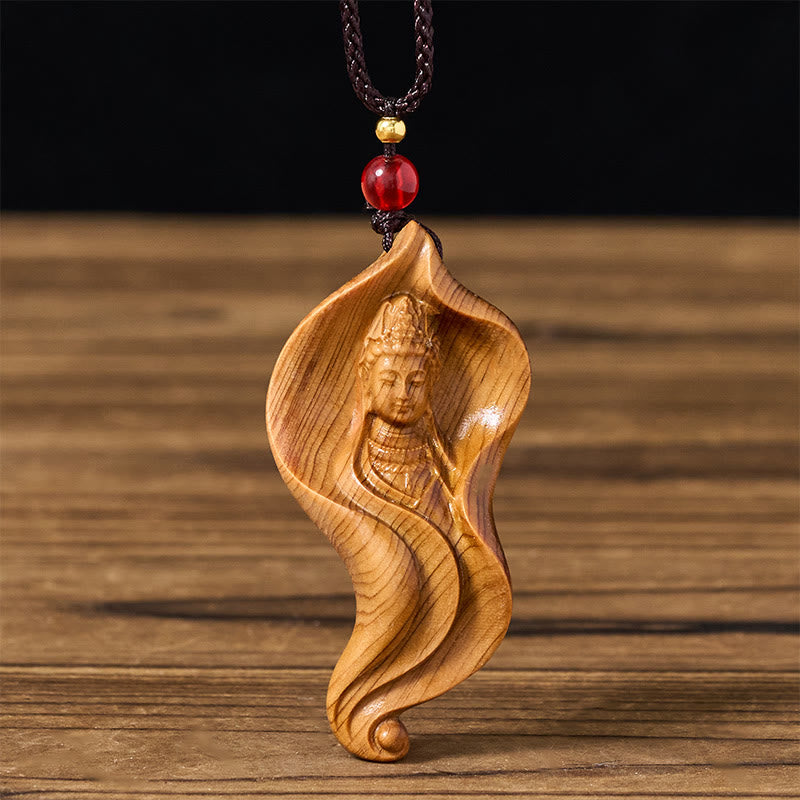 Nimara Ritual Guanyin Kwan Yin AvalokiteAvara Lotus Leaf Platycladus Orientalis Wood Wealth Necklace Pendant