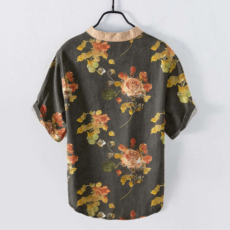 Nimara Ritual Pure Cotton Vintage Rose Garden Pattern Men's Short Sleeve Half Button Shirt