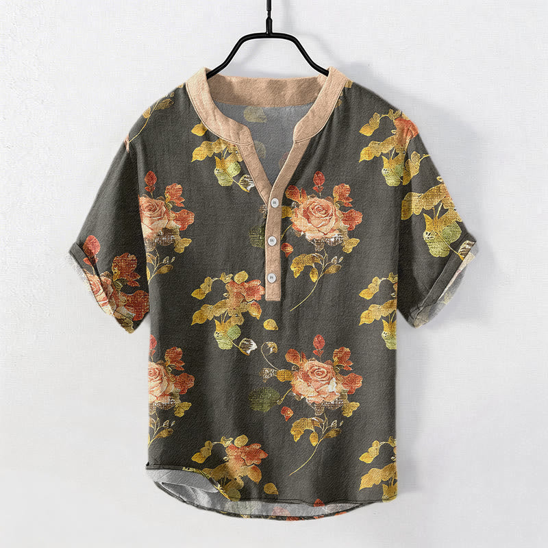 Nimara Ritual Pure Cotton Vintage Rose Garden Pattern Men's Short Sleeve Half Button Shirt