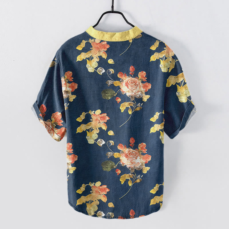 Nimara Ritual Pure Cotton Vintage Rose Garden Pattern Men's Short Sleeve Half Button Shirt