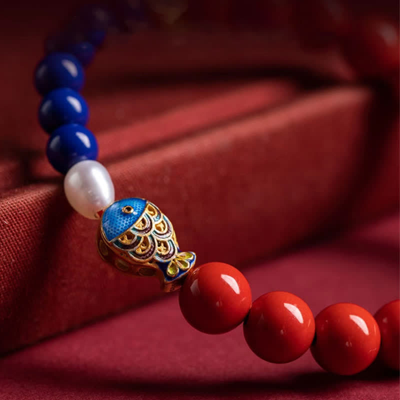 Nimara Ritual Cinnabar Lapis Lazuli Koi Fish Ruyi Cloud Charm Blessing Beaded Bracelet