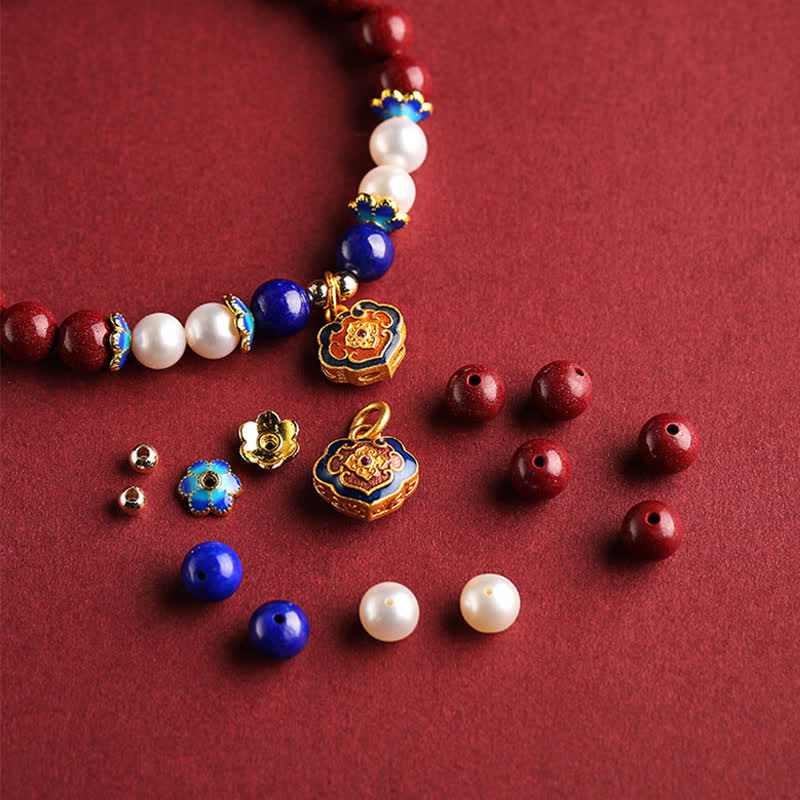 Nimara Ritual Cinnabar Lapis Lazuli Chinese Lock Charm Blessing Bracelet