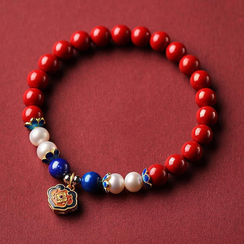 Nimara Ritual Cinnabar Lapis Lazuli Chinese Lock Charm Blessing Bracelet