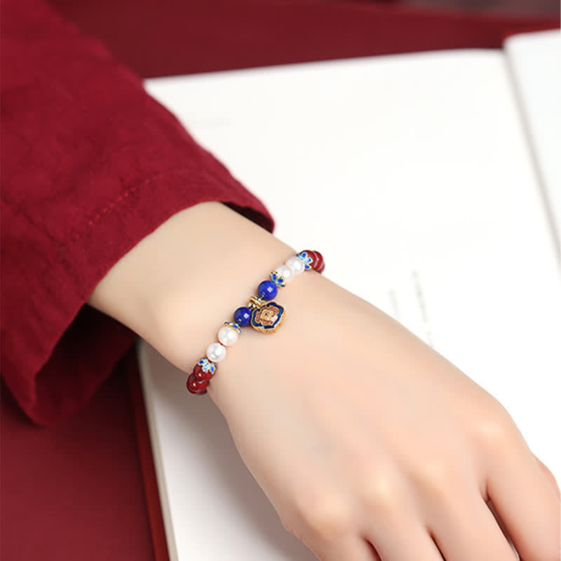 Nimara Ritual Cinnabar Lapis Lazuli Chinese Lock Charm Blessing Bracelet
