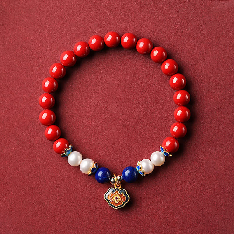 Nimara Ritual Cinnabar Lapis Lazuli Chinese Lock Charm Blessing Bracelet