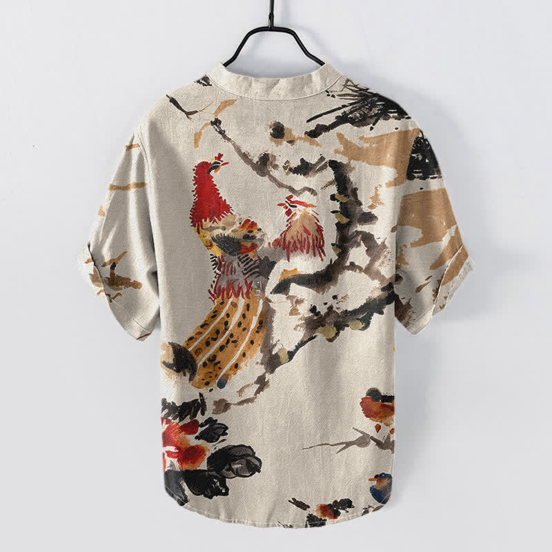 Nimara Ritual Cotton Rooster Floral Ink Pattern Men's Short Sleeve Half Button Shirt