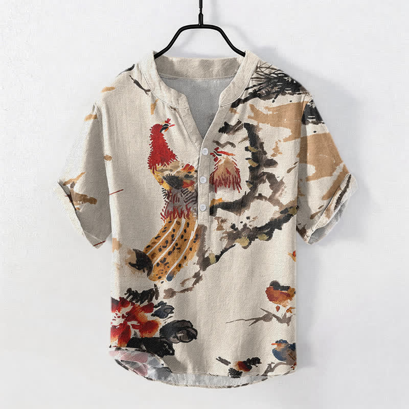 Nimara Ritual Cotton Rooster Floral Ink Pattern Men's Short Sleeve Half Button Shirt