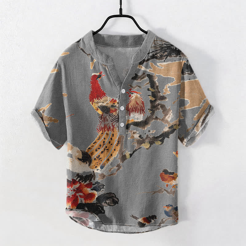 Nimara Ritual Cotton Rooster Floral Ink Pattern Men's Short Sleeve Half Button Shirt
