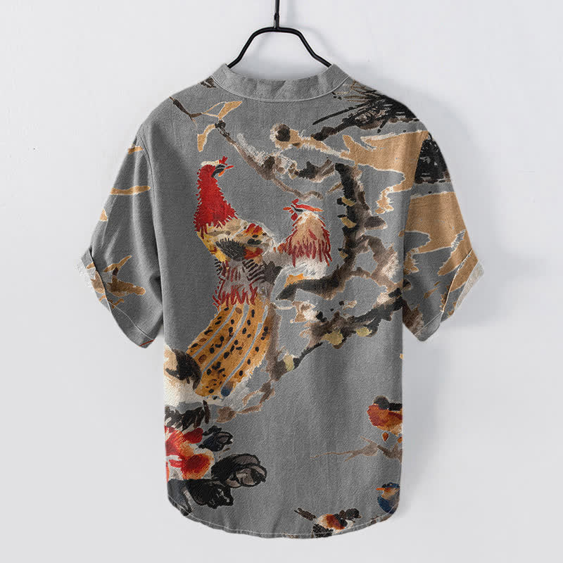 Nimara Ritual Cotton Rooster Floral Ink Pattern Men's Short Sleeve Half Button Shirt