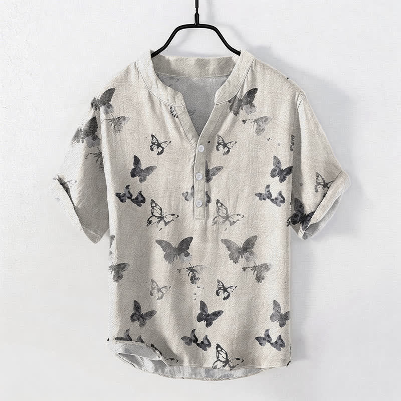 Nimara Ritual Cotton Butterfly Pattern Men's Short Sleeve Half Button Shirt