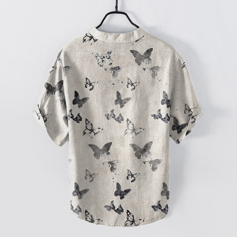 Nimara Ritual Cotton Butterfly Pattern Men's Short Sleeve Half Button Shirt