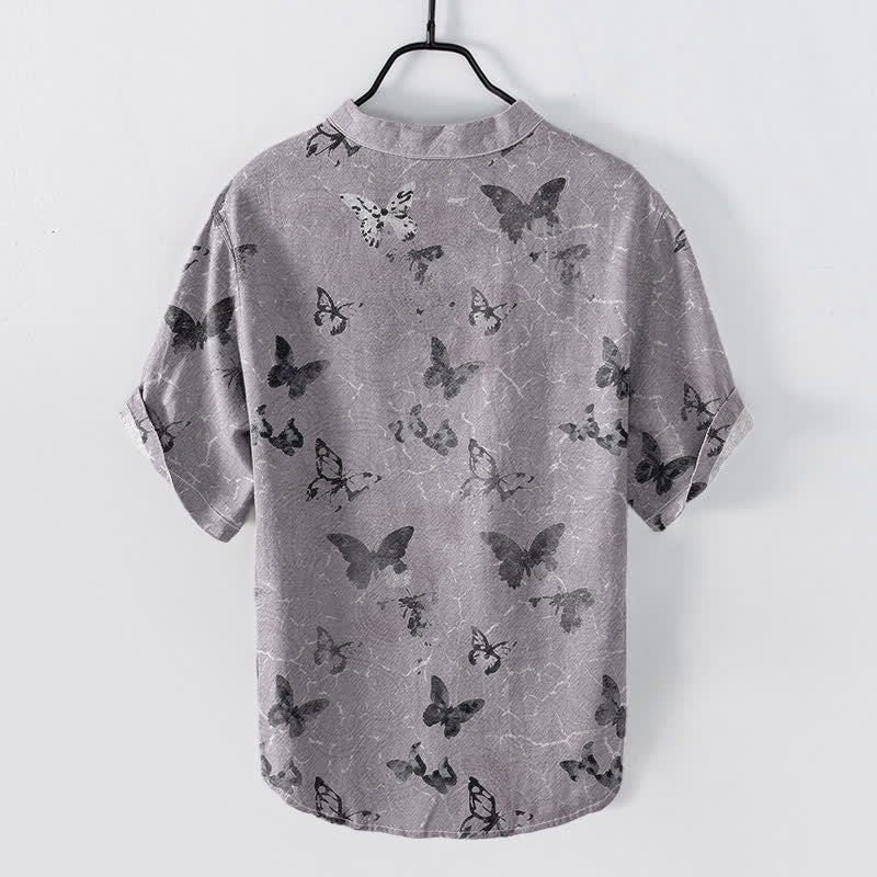 Nimara Ritual Cotton Butterfly Pattern Men's Short Sleeve Half Button Shirt