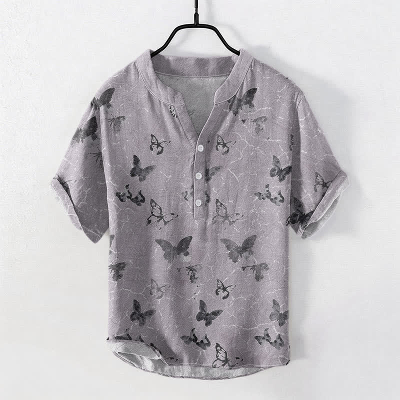 Nimara Ritual Cotton Butterfly Pattern Men's Short Sleeve Half Button Shirt
