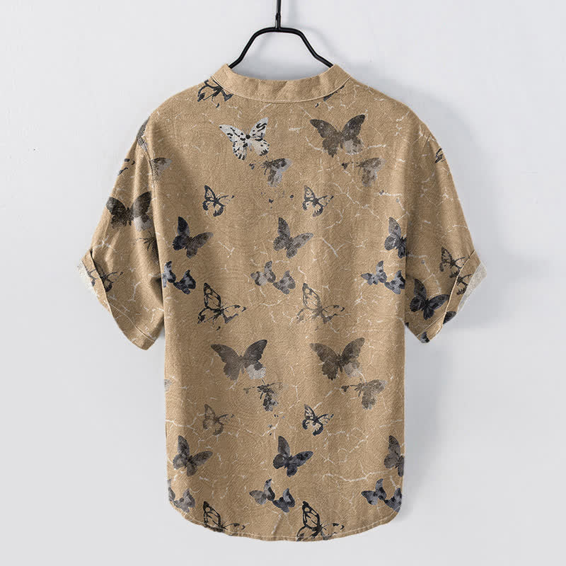 Nimara Ritual Cotton Butterfly Pattern Men's Short Sleeve Half Button Shirt