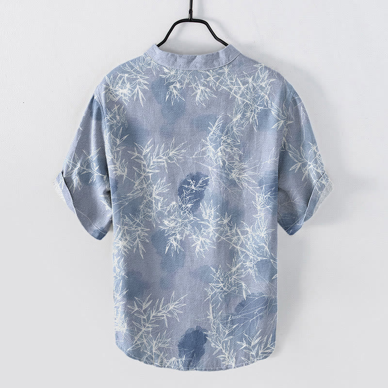 Nimara Ritual Cotton Bamboo Leaf Pattern Men's Short Sleeve Half Button Shirt