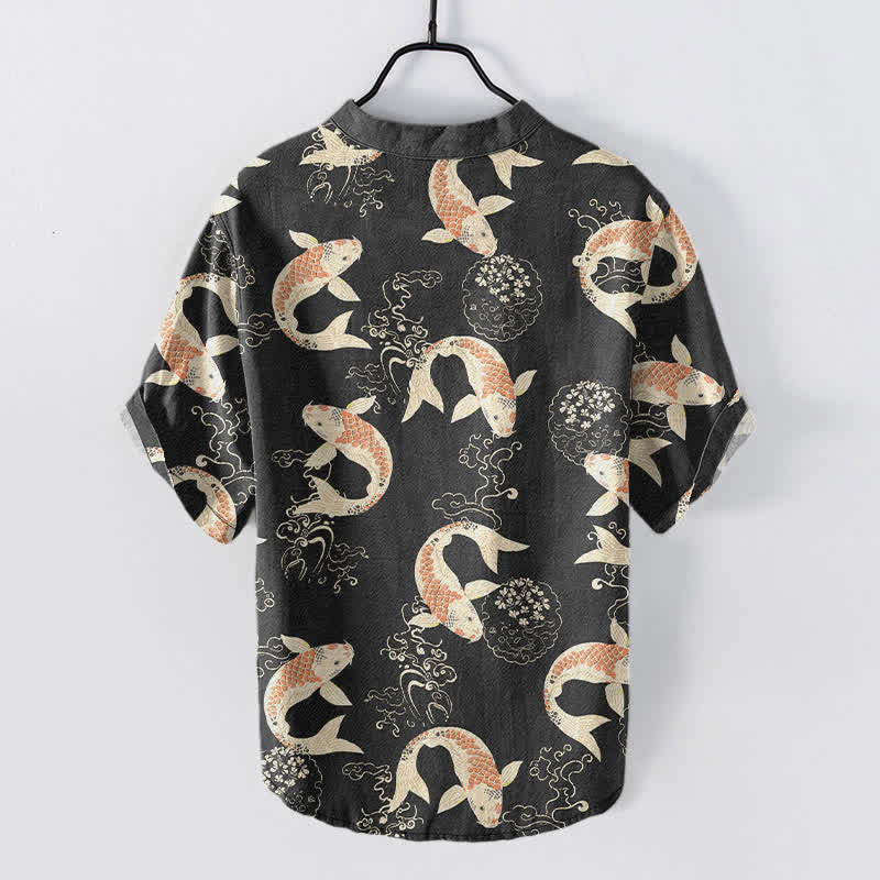 Nimara Ritual Cotton Koi Fish Ripple Pattern Men's Short Sleeve Half Button Shirt