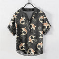 Nimara Ritual Cotton Koi Fish Ripple Pattern Men's Short Sleeve Half Button Shirt