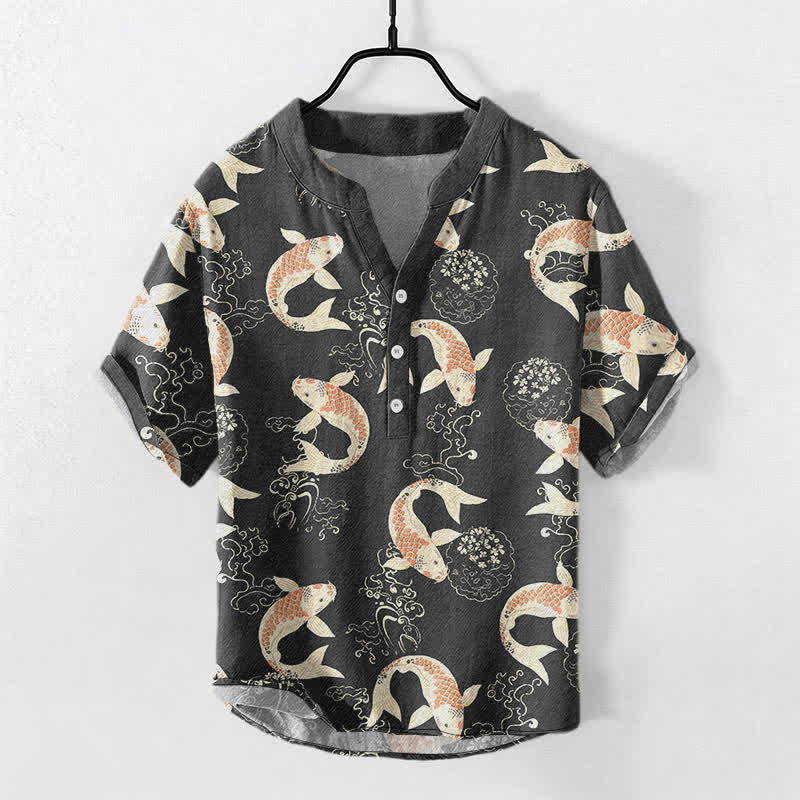Nimara Ritual Cotton Koi Fish Ripple Pattern Men's Short Sleeve Half Button Shirt