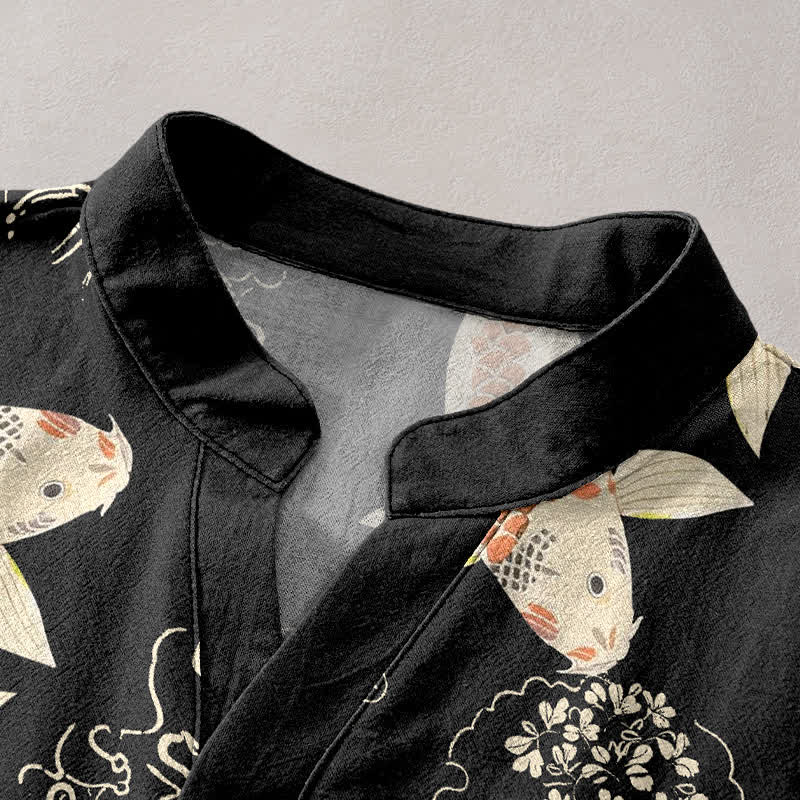 Nimara Ritual Cotton Koi Fish Ripple Pattern Men's Short Sleeve Half Button Shirt