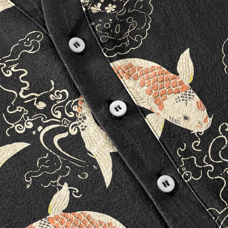 Nimara Ritual Cotton Koi Fish Ripple Pattern Men's Short Sleeve Half Button Shirt