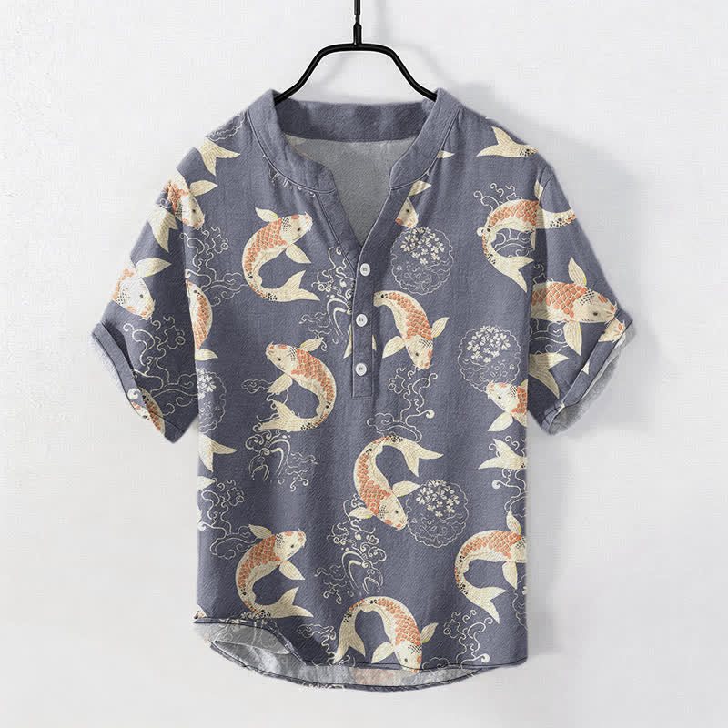 Nimara Ritual Cotton Koi Fish Ripple Pattern Men's Short Sleeve Half Button Shirt