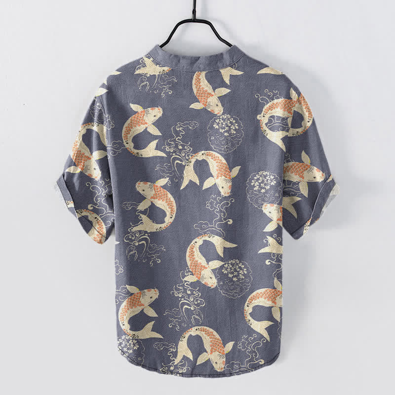 Nimara Ritual Cotton Koi Fish Ripple Pattern Men's Short Sleeve Half Button Shirt
