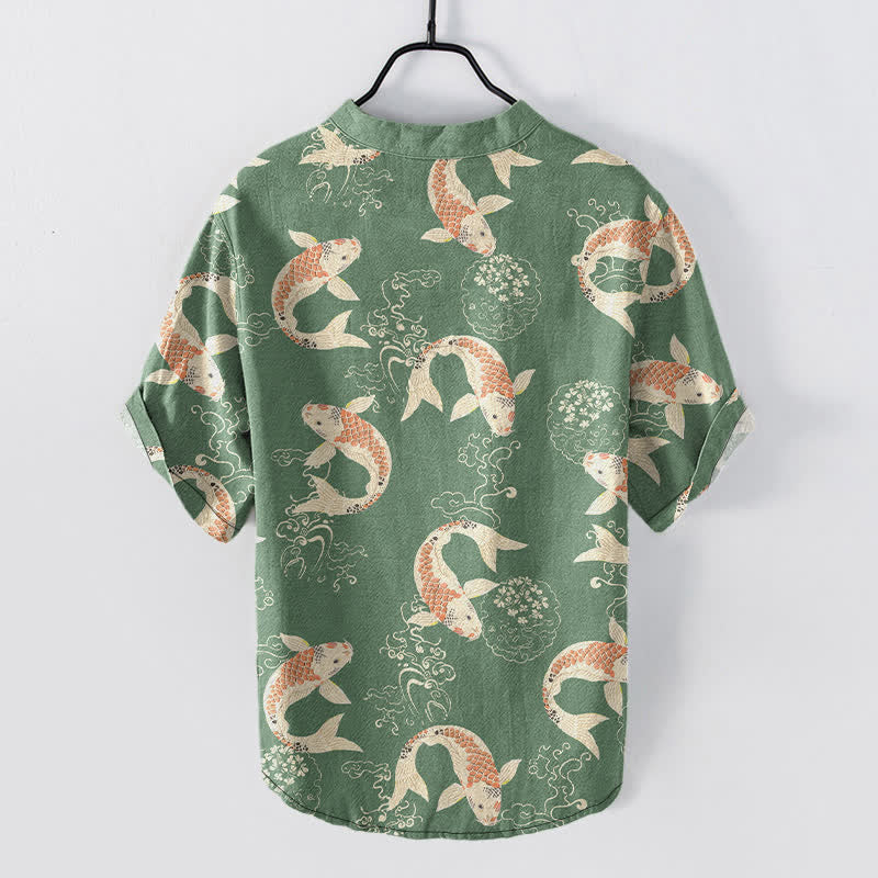 Nimara Ritual Cotton Koi Fish Ripple Pattern Men's Short Sleeve Half Button Shirt