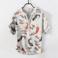 Nimara Ritual Cotton Koi Fish Water Wave Pattern Men's Short Sleeve Half Button Shirt