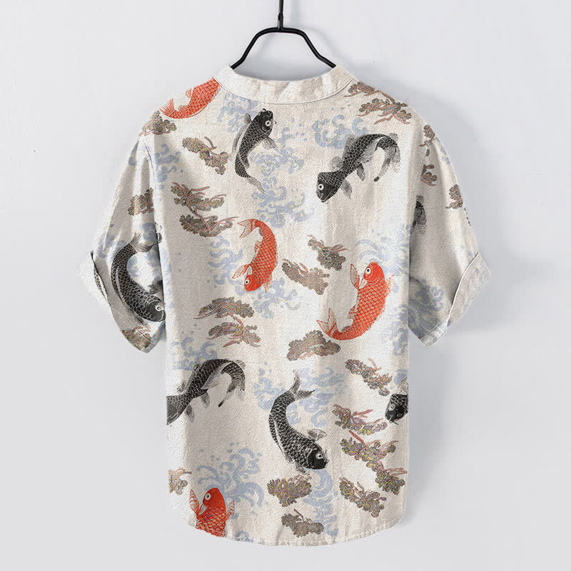 Nimara Ritual Cotton Koi Fish Water Wave Pattern Men's Short Sleeve Half Button Shirt